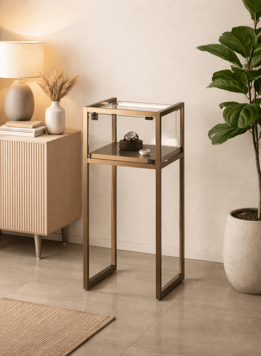 vitrine sur pied TM-45TVA dans un salon moderne avec décoration